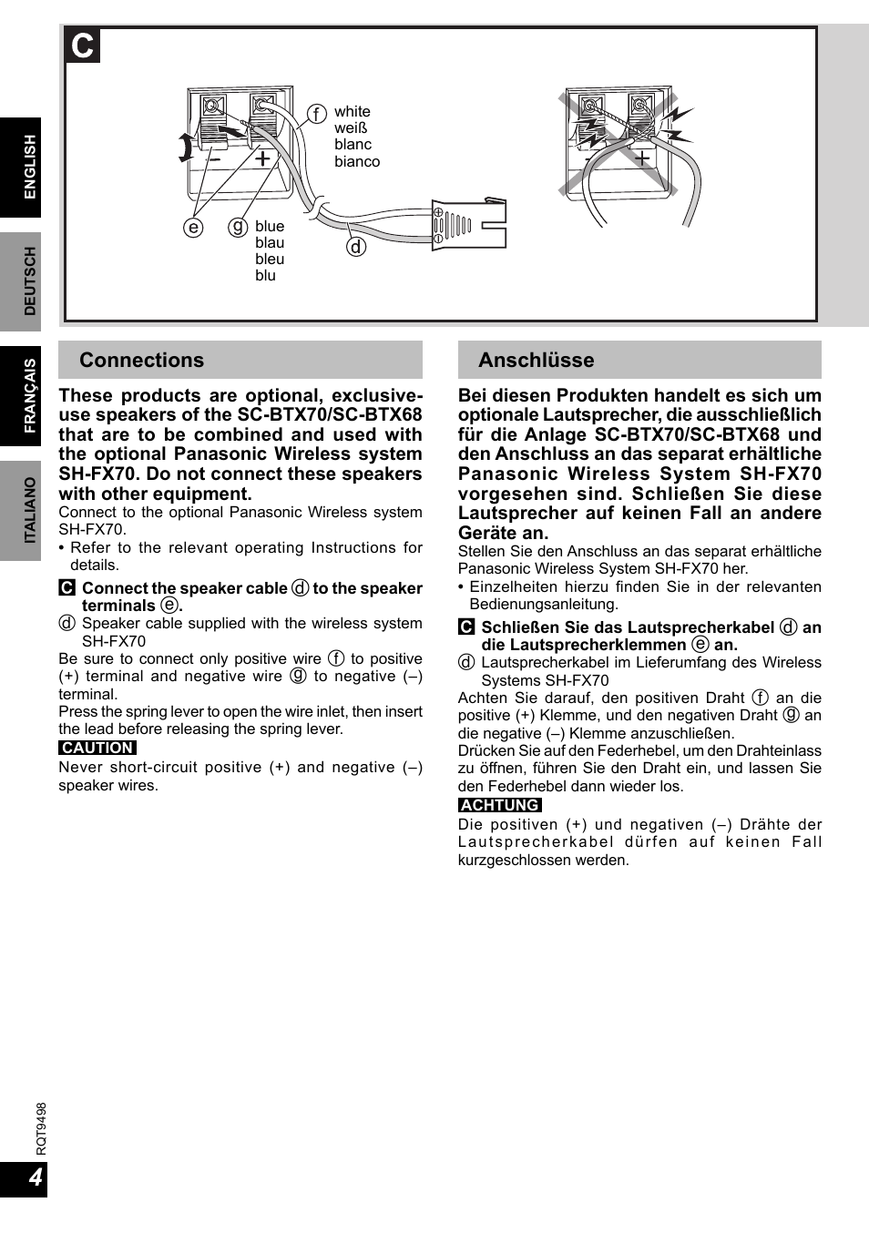 Connections, Anschlüsse | Panasonic SBHSX70 User Manual | Page 4 / 32