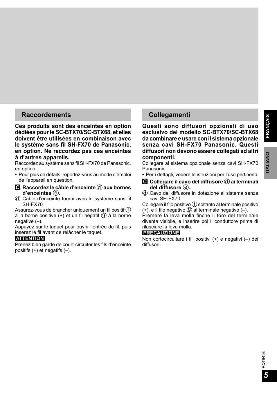 Raccordements, Collegamenti | Panasonic SBHSX70 User Manual | Page 5 / 32