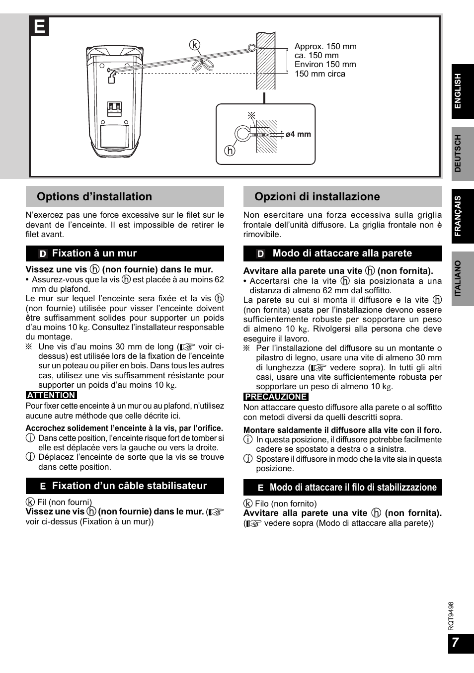 Options d’installation, Opzioni di installazione | Panasonic SBHSX70 User Manual | Page 7 / 32