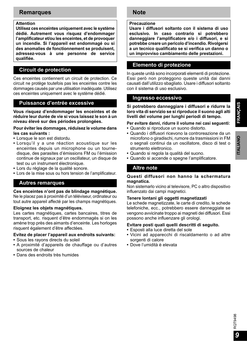 Remarques | Panasonic SBHSX70 User Manual | Page 9 / 32