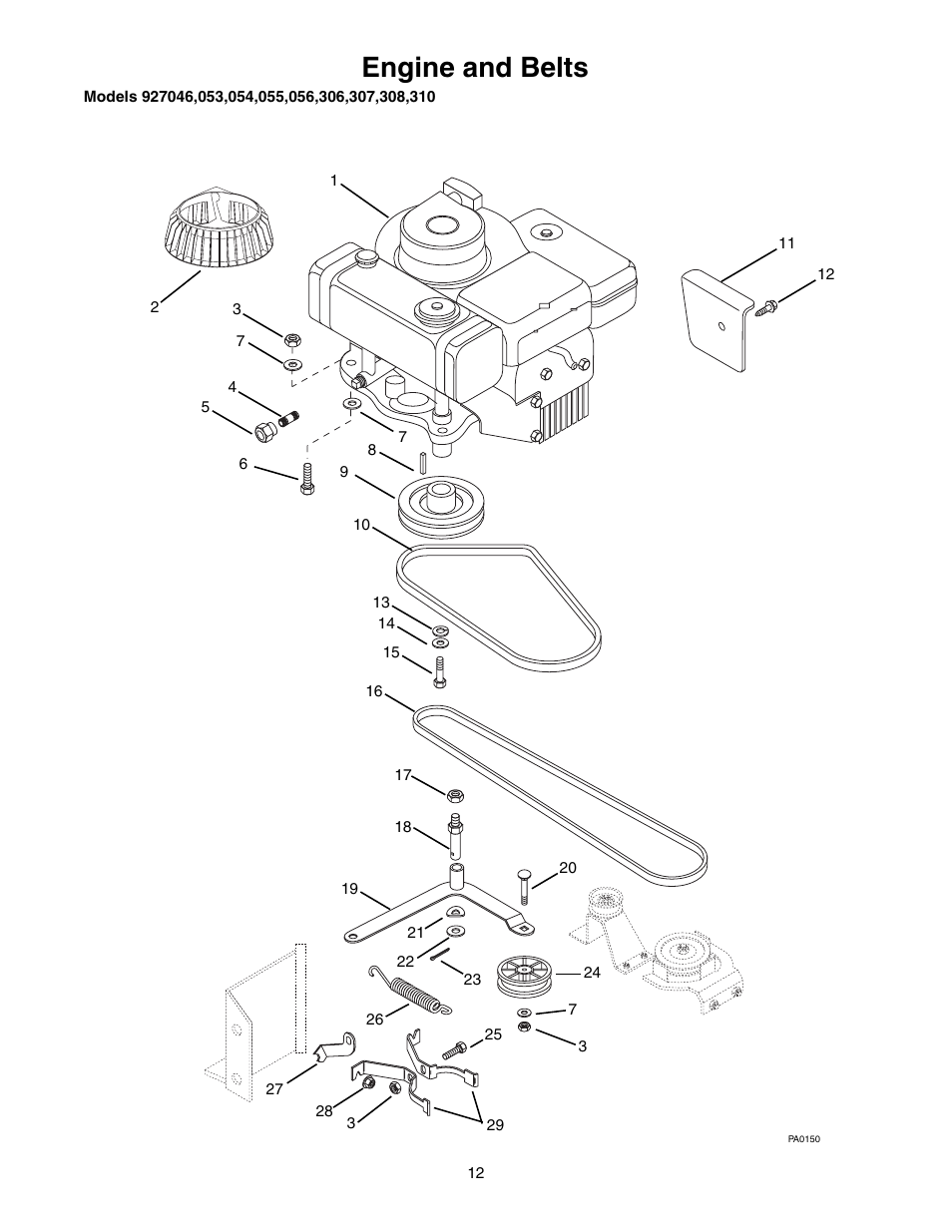 Engine and belts | Ariens 927055 - RM1332 User Manual | Page 14 / 28