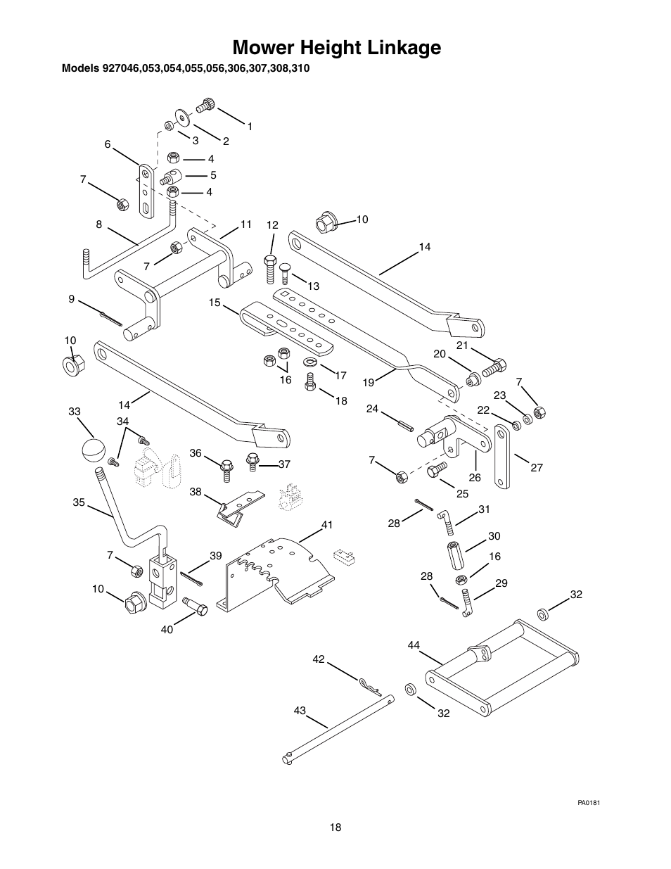 Mower height linkage | Ariens 927055 - RM1332 User Manual | Page 20 / 28