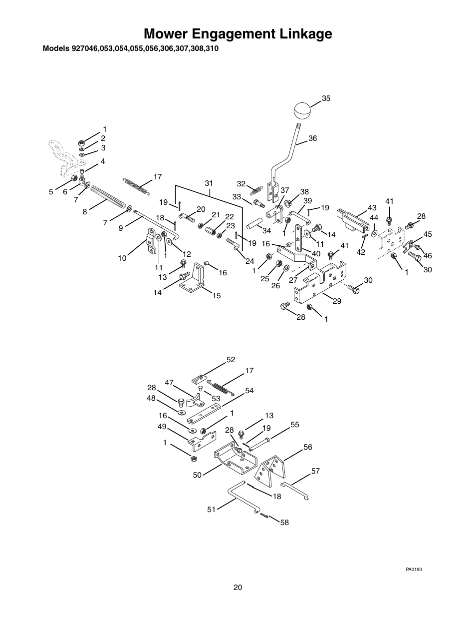 Mower engagement linkage | Ariens 927055 - RM1332 User Manual | Page 22 / 28