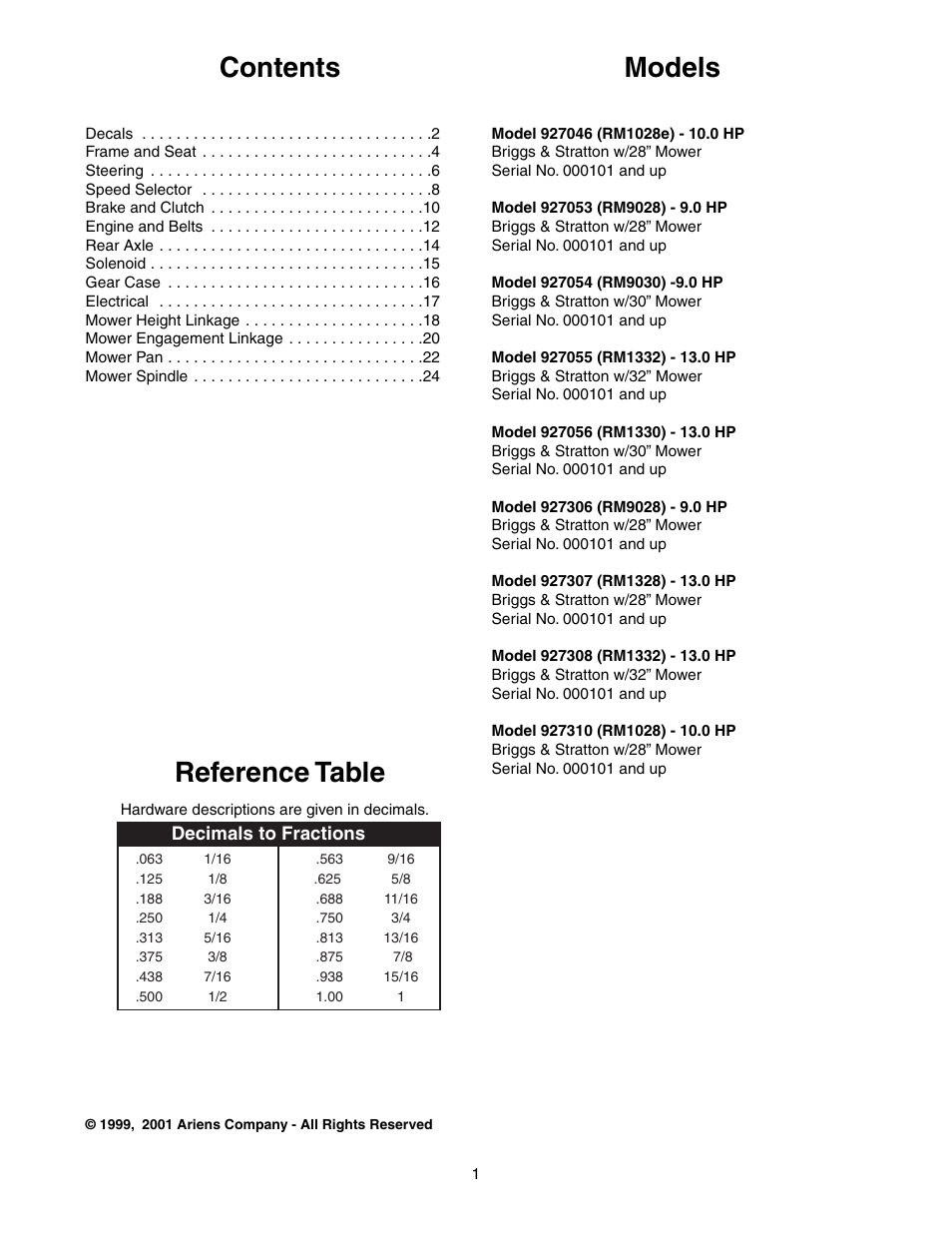 Contents reference table models | Ariens 927055 - RM1332 User Manual | Page 3 / 28