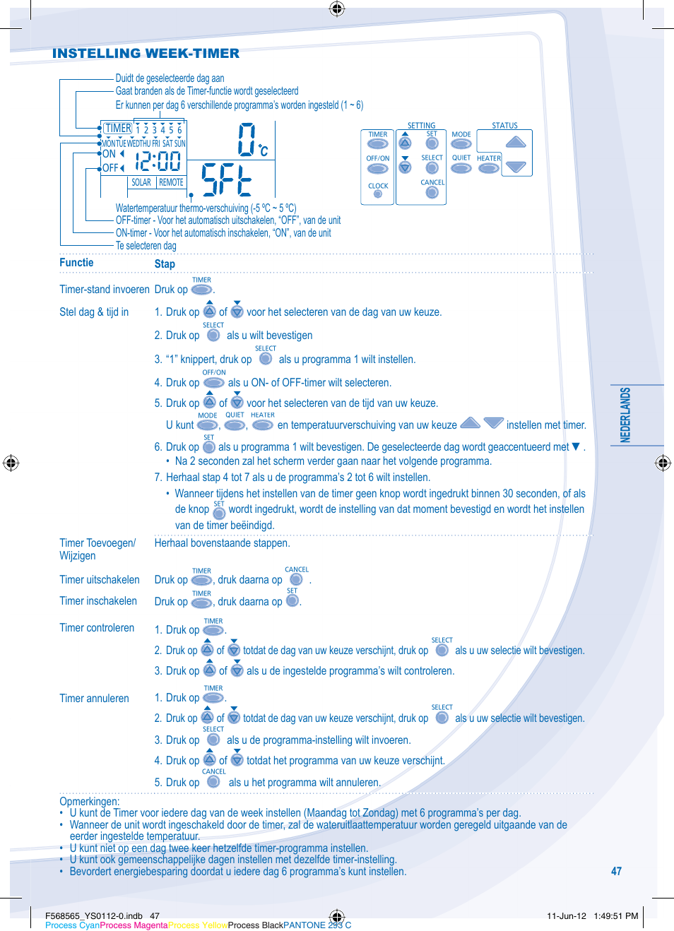 Nederlands, Instelling week-timer | Panasonic WHSXF12D9E81 User Manual | Page 47 / 76