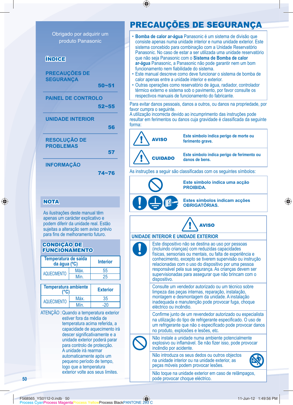 Precauções de segurança | Panasonic WHSXF12D9E81 User Manual | Page 50 / 76