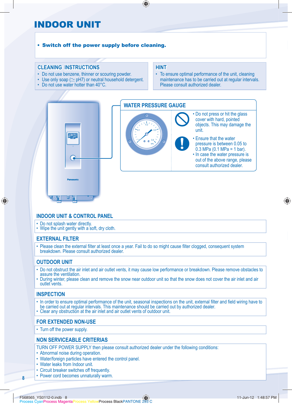 Indoor unit | Panasonic WHSXF12D9E81 User Manual | Page 8 / 76