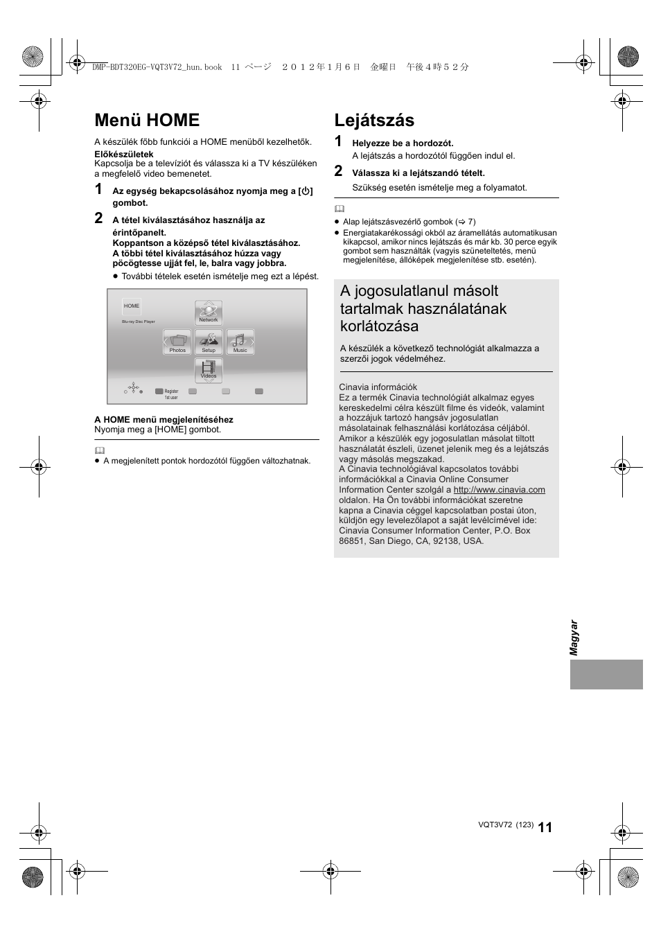 Menü home, Lejátszás | Panasonic DMPBDT320EG User Manual | Page 123 / 156