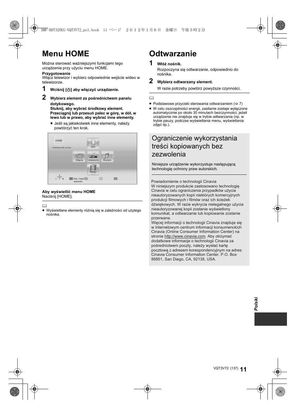 Menu home, Odtwarzanie | Panasonic DMPBDT320EG User Manual | Page 137 / 156