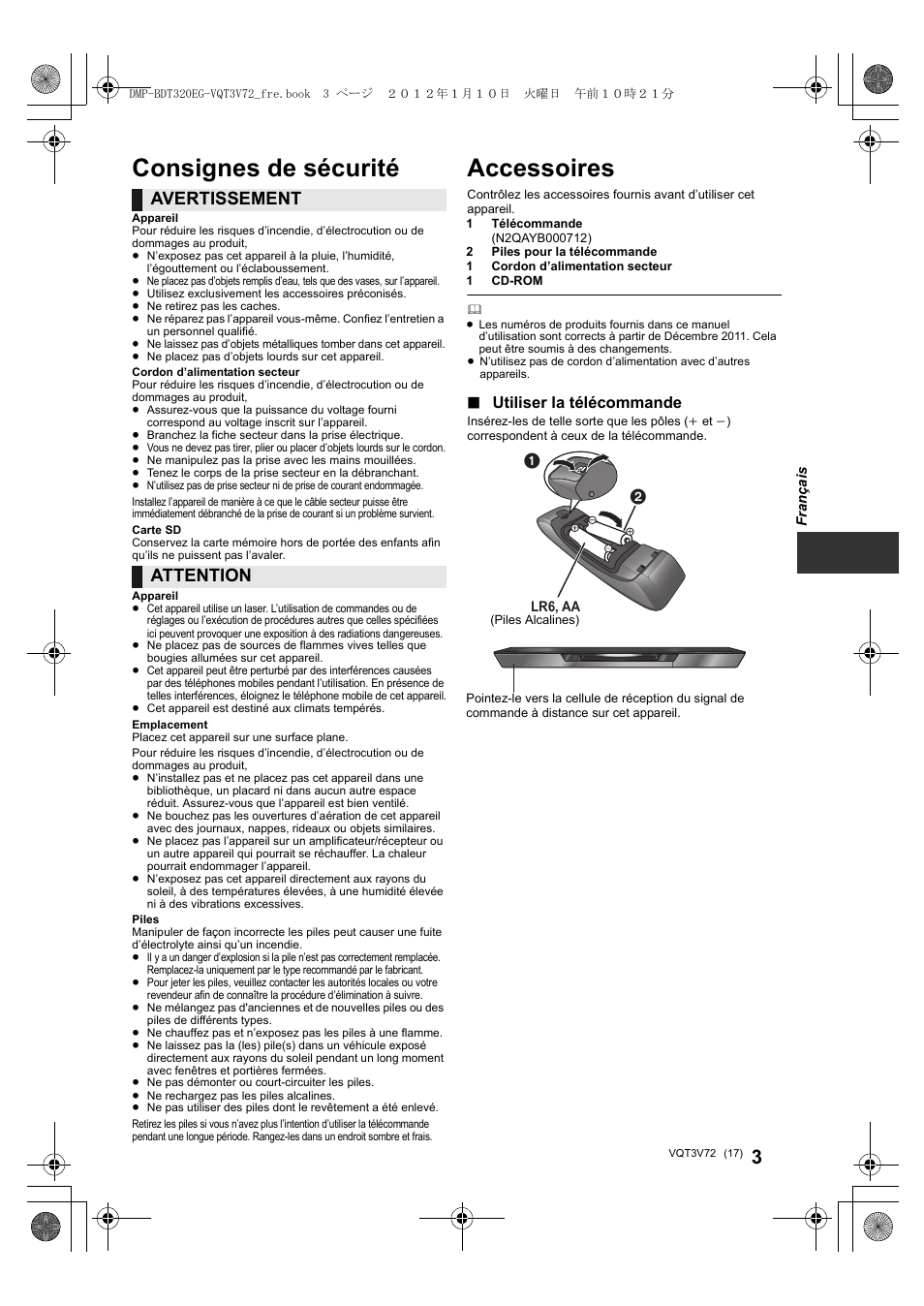 Accessoires, Consignes de sécurité, Avertissement | Attention, Utiliser la télécommande | Panasonic DMPBDT320EG User Manual | Page 17 / 156