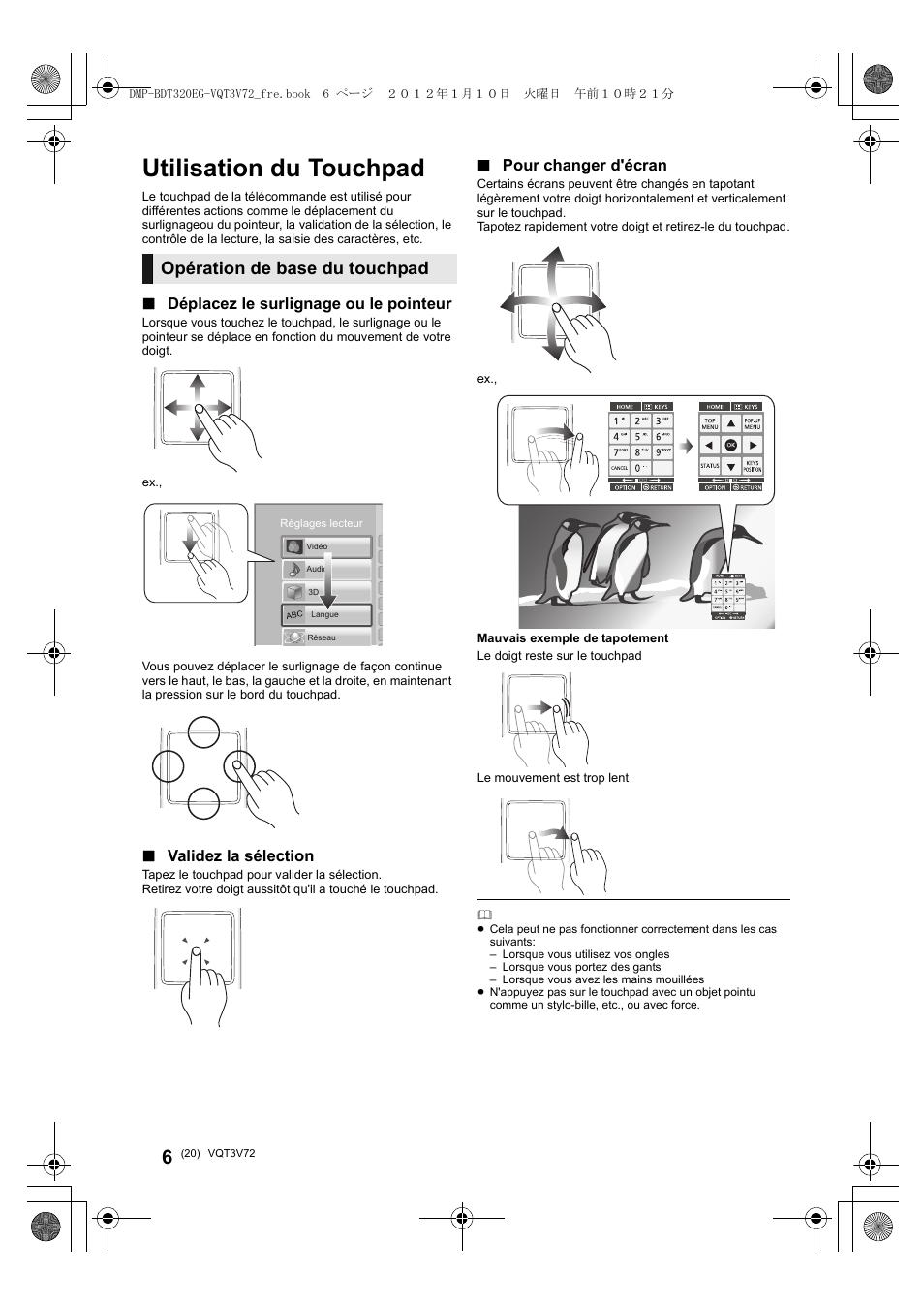 Utilisation du touchpad, Opération de base du touchpad, Déplacez le surlignage ou le pointeur | Validez la sélection, Pour changer d'écran | Panasonic DMPBDT320EG User Manual | Page 20 / 156