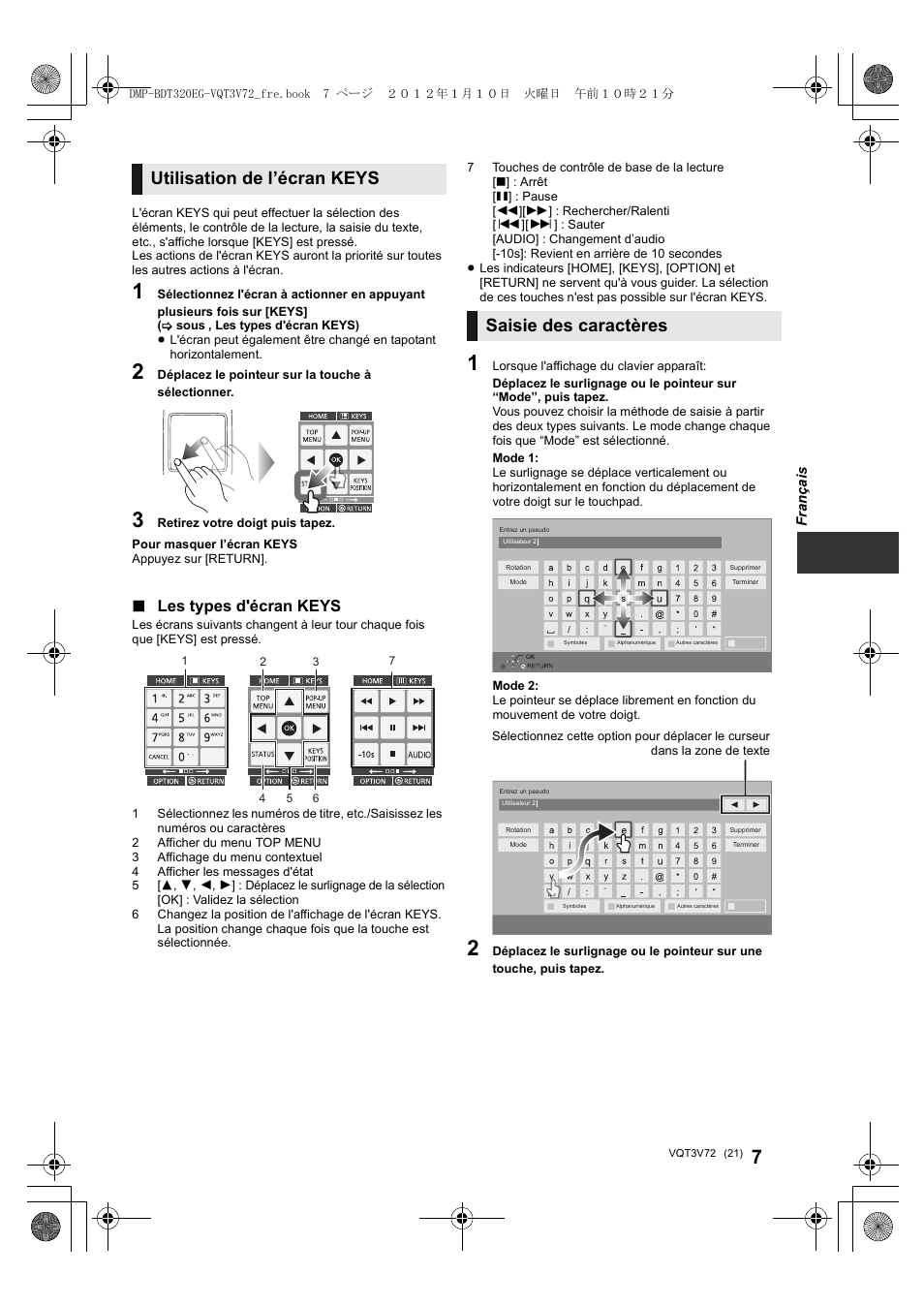 Utilisation de l’écran keys, Saisie des caractères, Les types d'écran keys | Panasonic DMPBDT320EG User Manual | Page 21 / 156