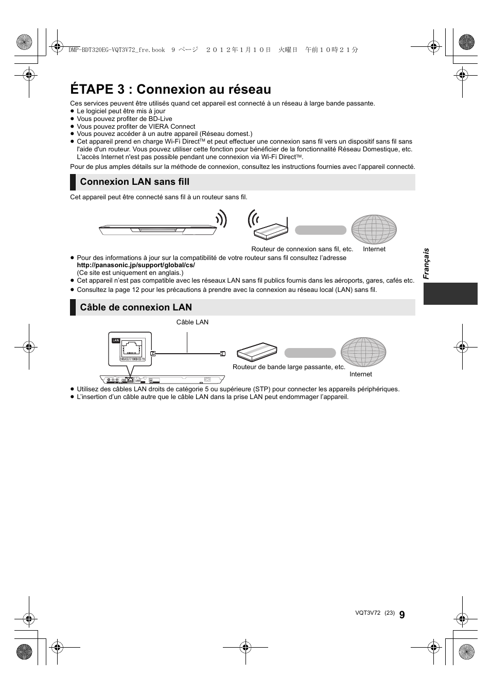 Étape 3 : connexion au réseau, Connexion lan sans fill, Câble de connexion lan | Panasonic DMPBDT320EG User Manual | Page 23 / 156