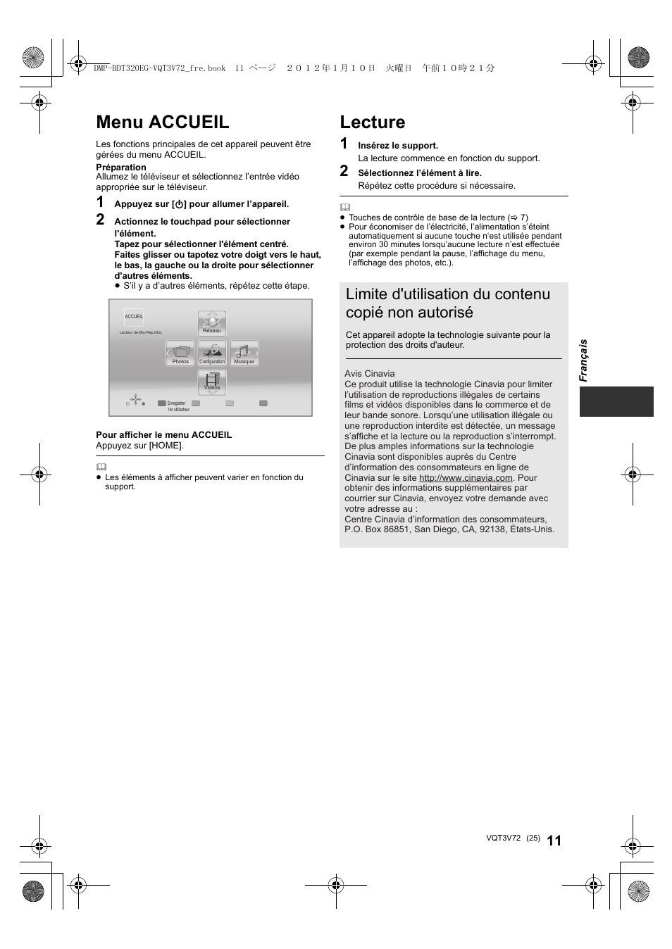Menu accueil, Lecture, Limite d'utilisation du contenu copié non autorisé | Panasonic DMPBDT320EG User Manual | Page 25 / 156