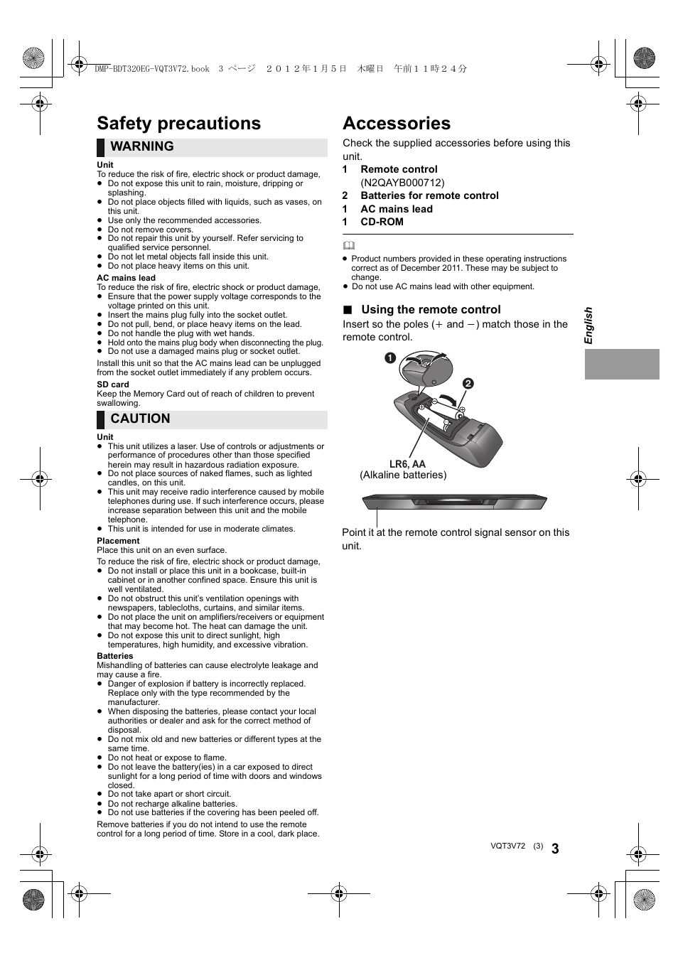 Accessories, Safety precautions, Warning | Caution, Using the remote control | Panasonic DMPBDT320EG User Manual | Page 3 / 156