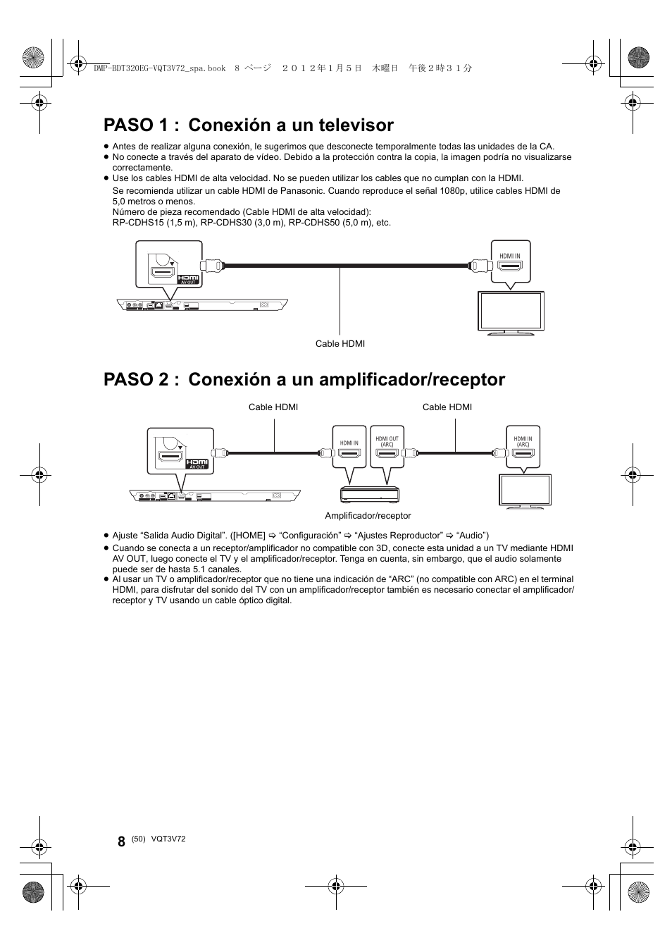 Paso 1 : conexión a un televisor, Paso 2 : conexión a un amplificador/receptor | Panasonic DMPBDT320EG User Manual | Page 50 / 156