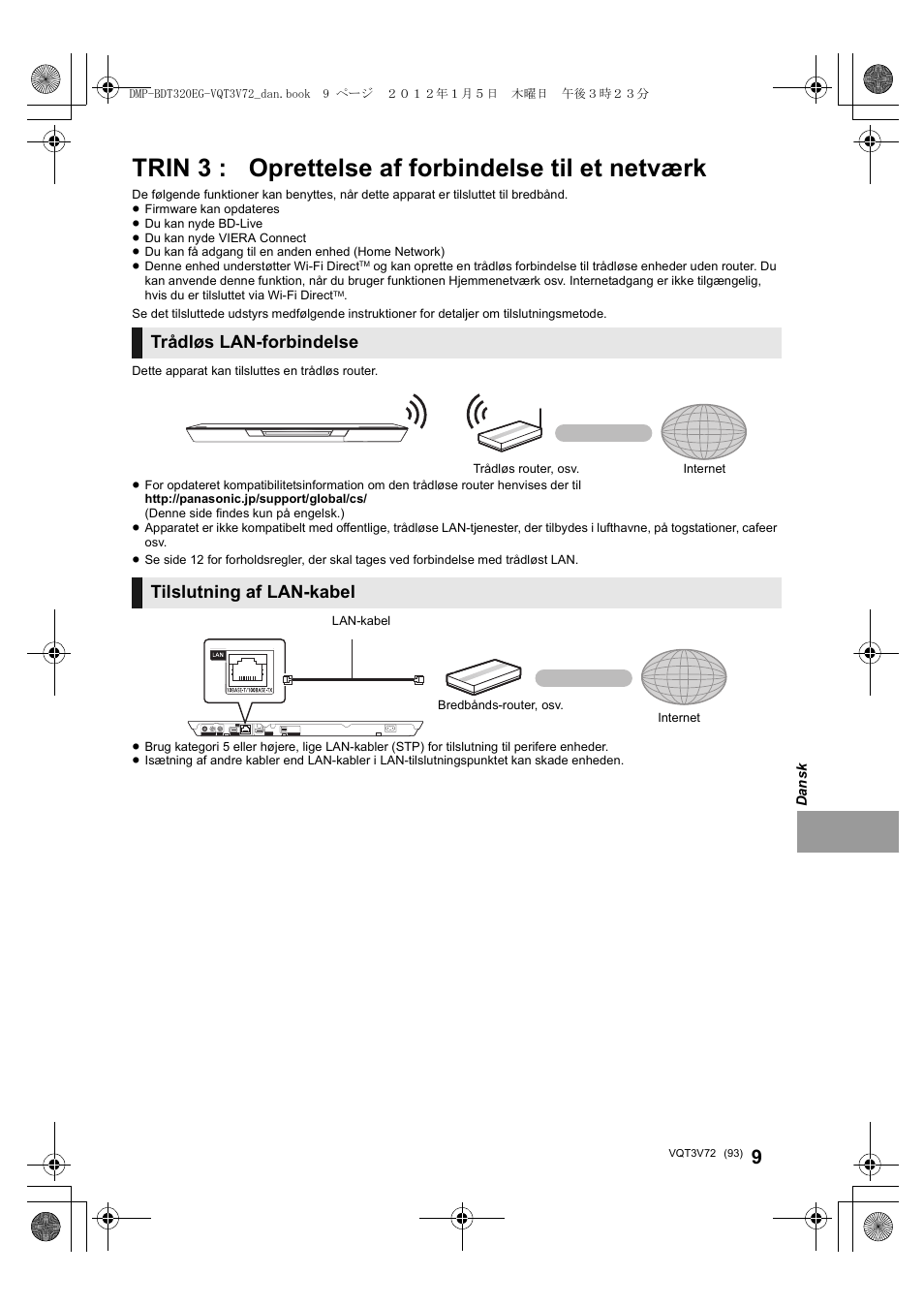 Trin 3 : oprettelse af forbindelse til et netværk, Trådløs lan-forbindelse, Tilslutning af lan-kabel | Panasonic DMPBDT320EG User Manual | Page 93 / 156