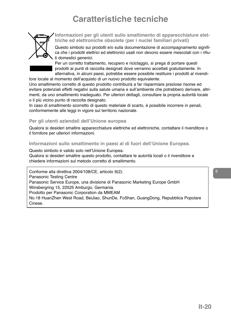 Caratteristiche tecniche, It-20 | Panasonic NNJ169MMWPG User Manual | Page 116 / 374