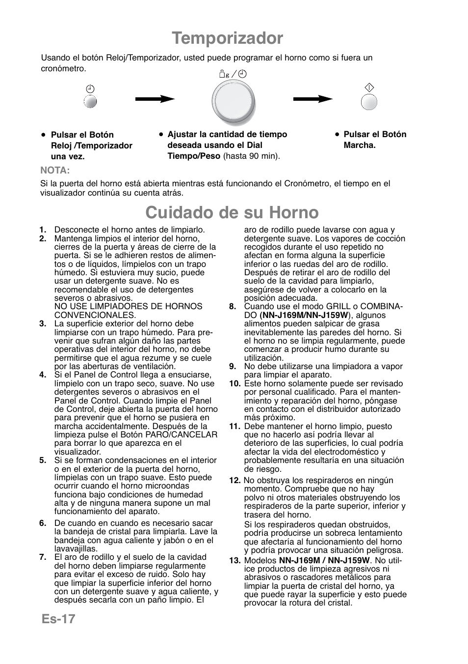 Temporizador, Cuidado de su horno, Es-17 | Panasonic NNJ169MMWPG User Manual | Page 136 / 374