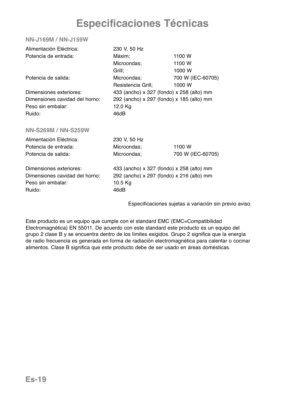 Especificaciones técnicas, Es-19 | Panasonic NNJ169MMWPG User Manual | Page 138 / 374