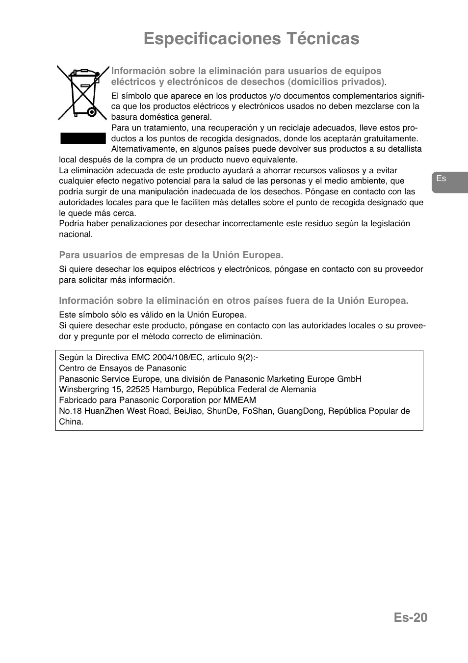 Especificaciones técnicas, Es-20 | Panasonic NNJ169MMWPG User Manual | Page 139 / 374