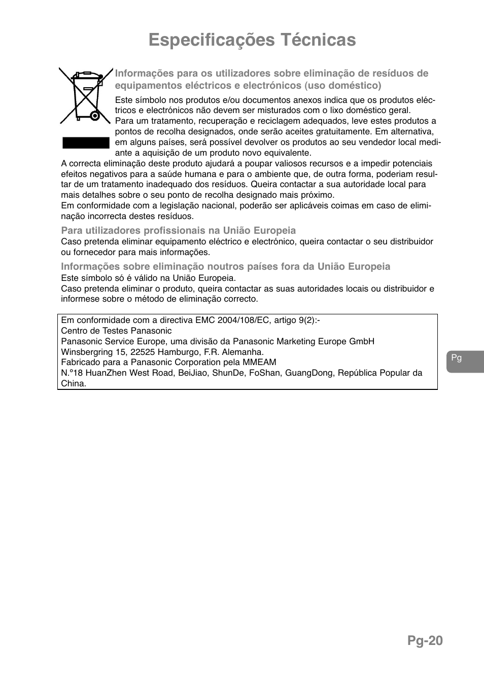 Especificações técnicas, Pg-20 | Panasonic NNJ169MMWPG User Manual | Page 162 / 374