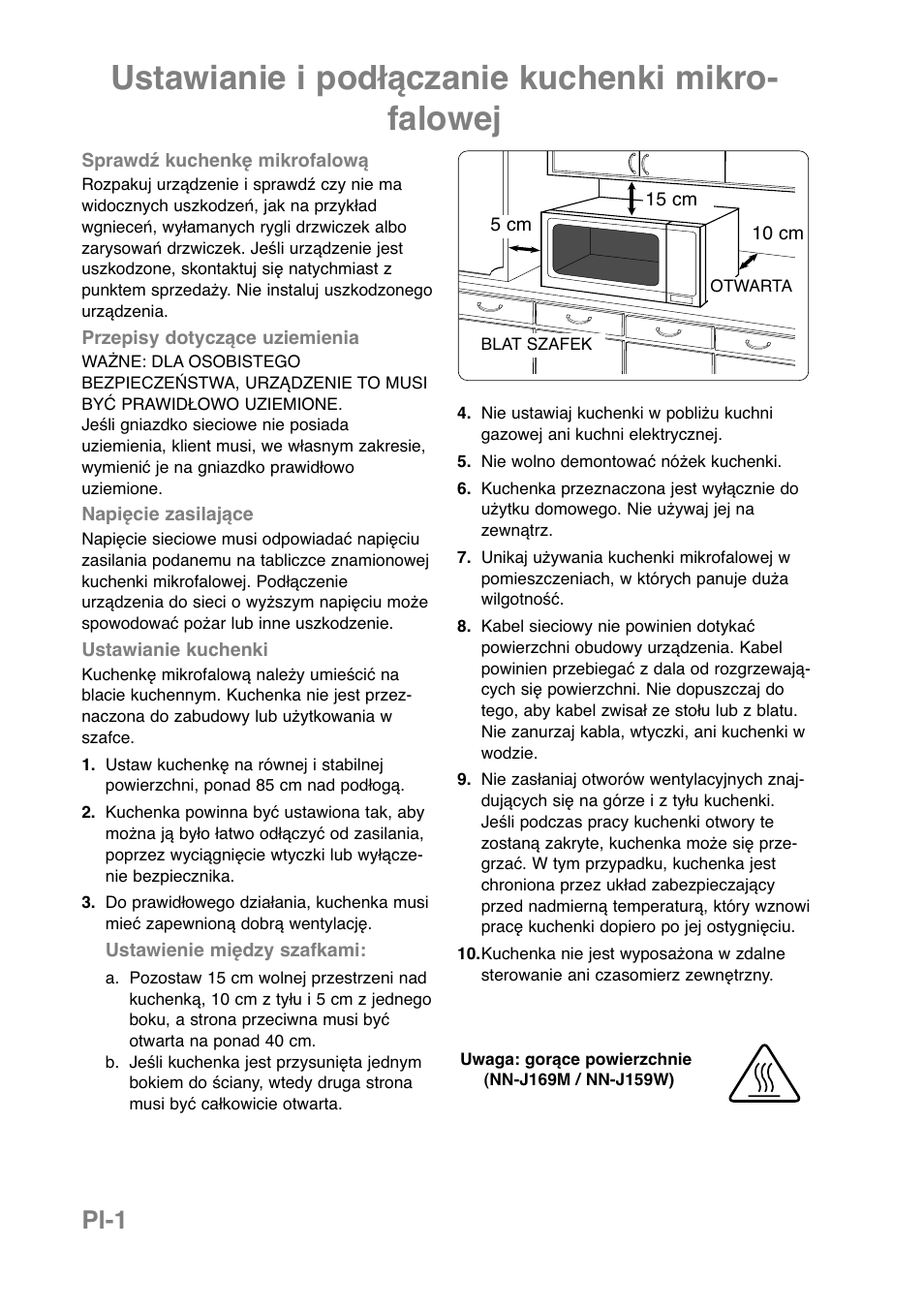 Ustawianie i podłączanie kuchenki mikro- falowej, Pl-1 | Panasonic NNJ169MMWPG User Manual | Page 166 / 374