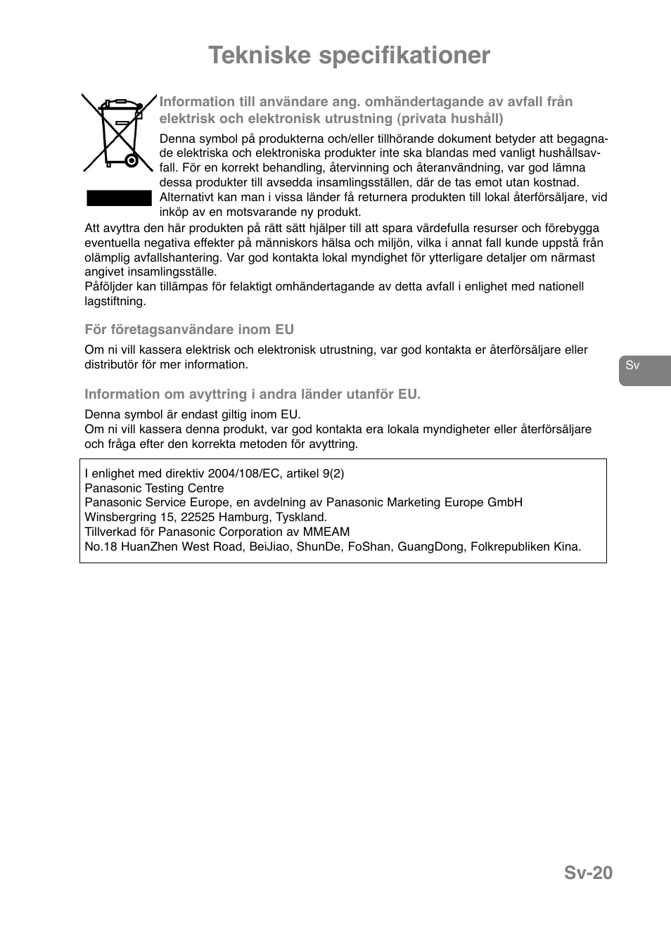 Tekniske specifikationer, Sv-20 | Panasonic NNJ169MMWPG User Manual | Page 209 / 374