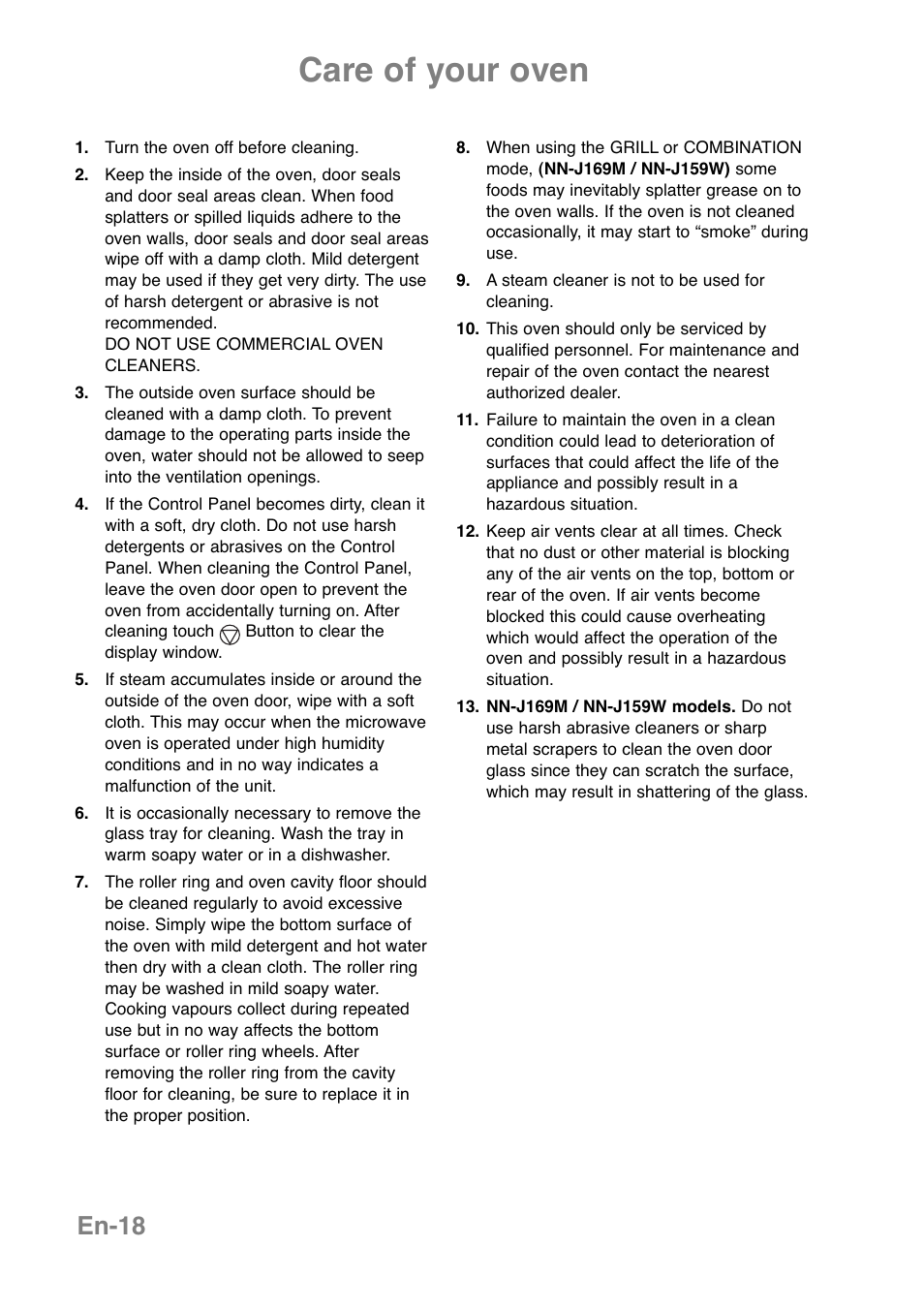 Care of your oven, En-18 | Panasonic NNJ169MMWPG User Manual | Page 21 / 374