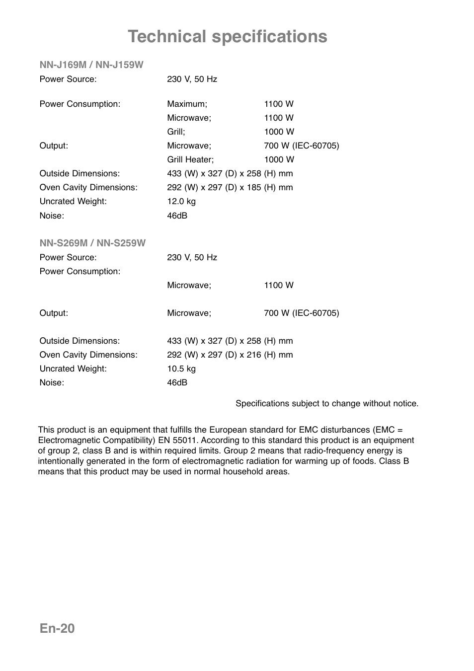 Technical specifications, En-20 | Panasonic NNJ169MMWPG User Manual | Page 23 / 374