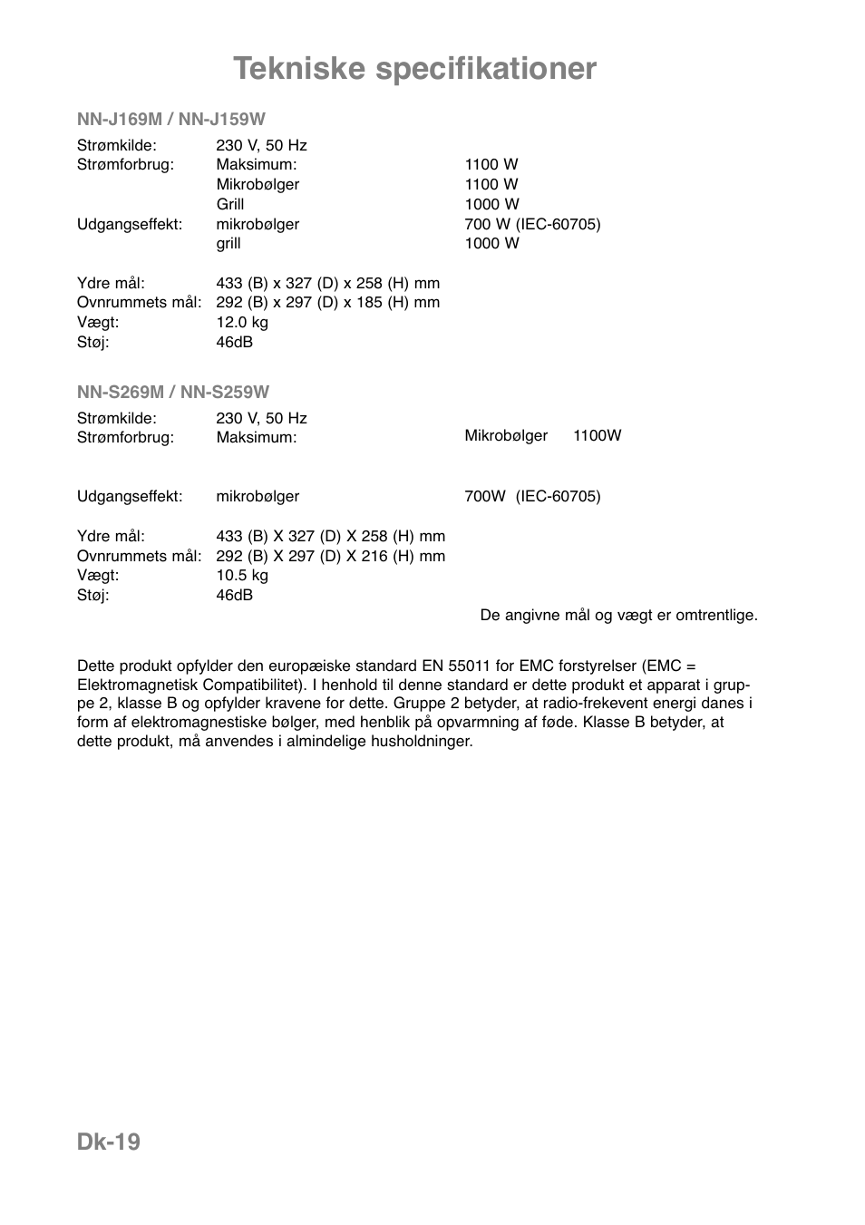 Tekniske specifikationer, Dk-19 | Panasonic NNJ169MMWPG User Manual | Page 231 / 374