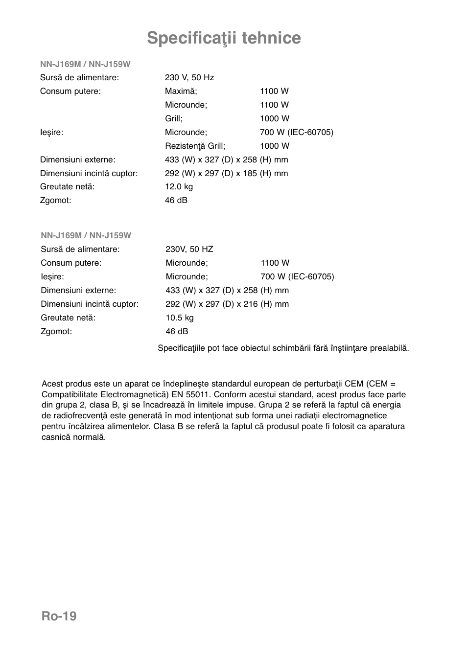 Specificaţii tehnice, Ro-19 | Panasonic NNJ169MMWPG User Manual | Page 348 / 374