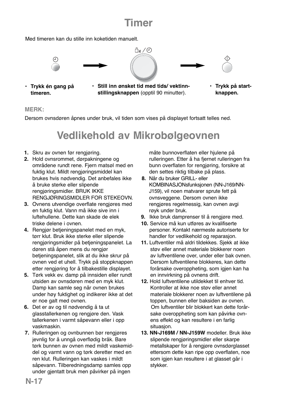 Timer, Vedlikehold av mikrobølgeovnen, N-17 | Panasonic NNJ169MMWPG User Manual | Page 43 / 374