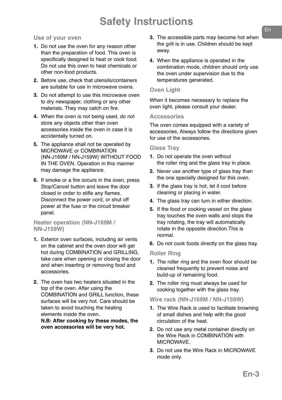Safety instructions, En-3 | Panasonic NNJ169MMWPG User Manual | Page 6 / 374