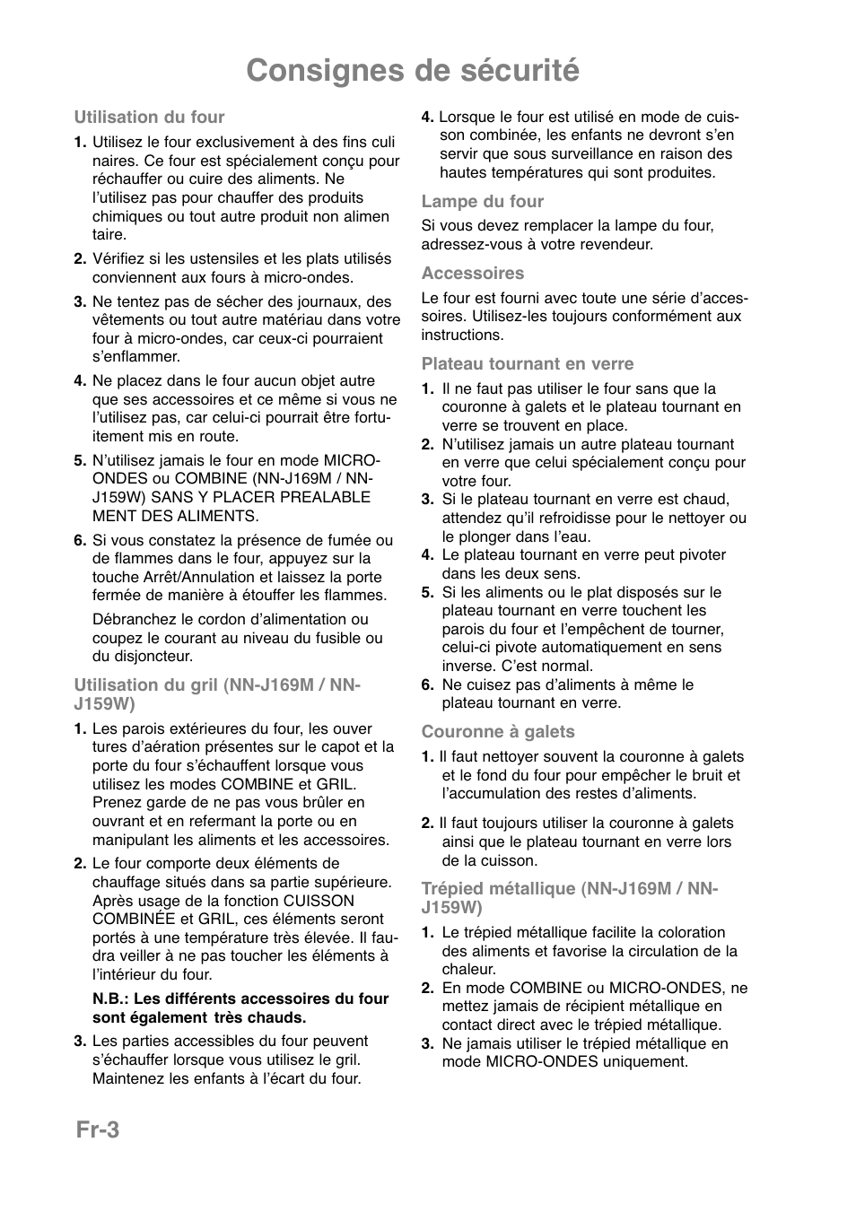 Consignes de sécurité, Fr-3 | Panasonic NNJ169MMWPG User Manual | Page 75 / 374