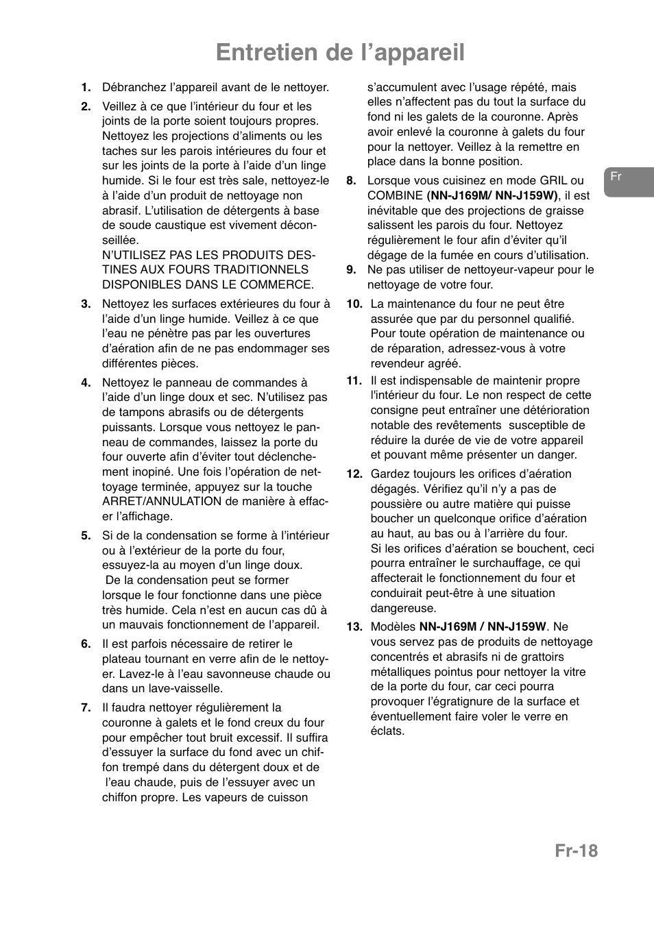 Entretien de lʼappareil, Fr-18 | Panasonic NNJ169MMWPG User Manual | Page 90 / 374