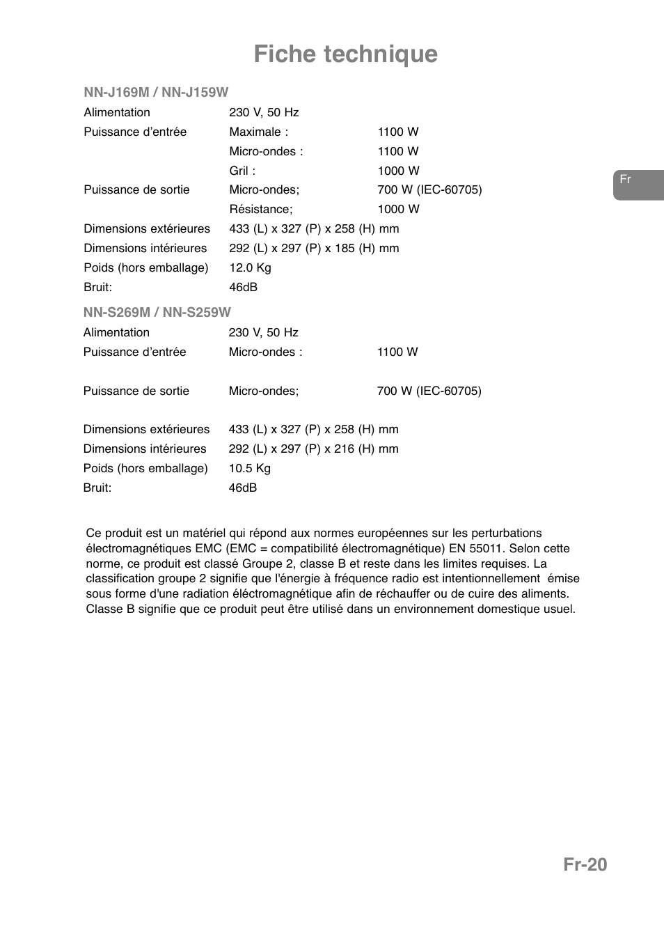 Fiche technique, Fr-20 | Panasonic NNJ169MMWPG User Manual | Page 92 / 374