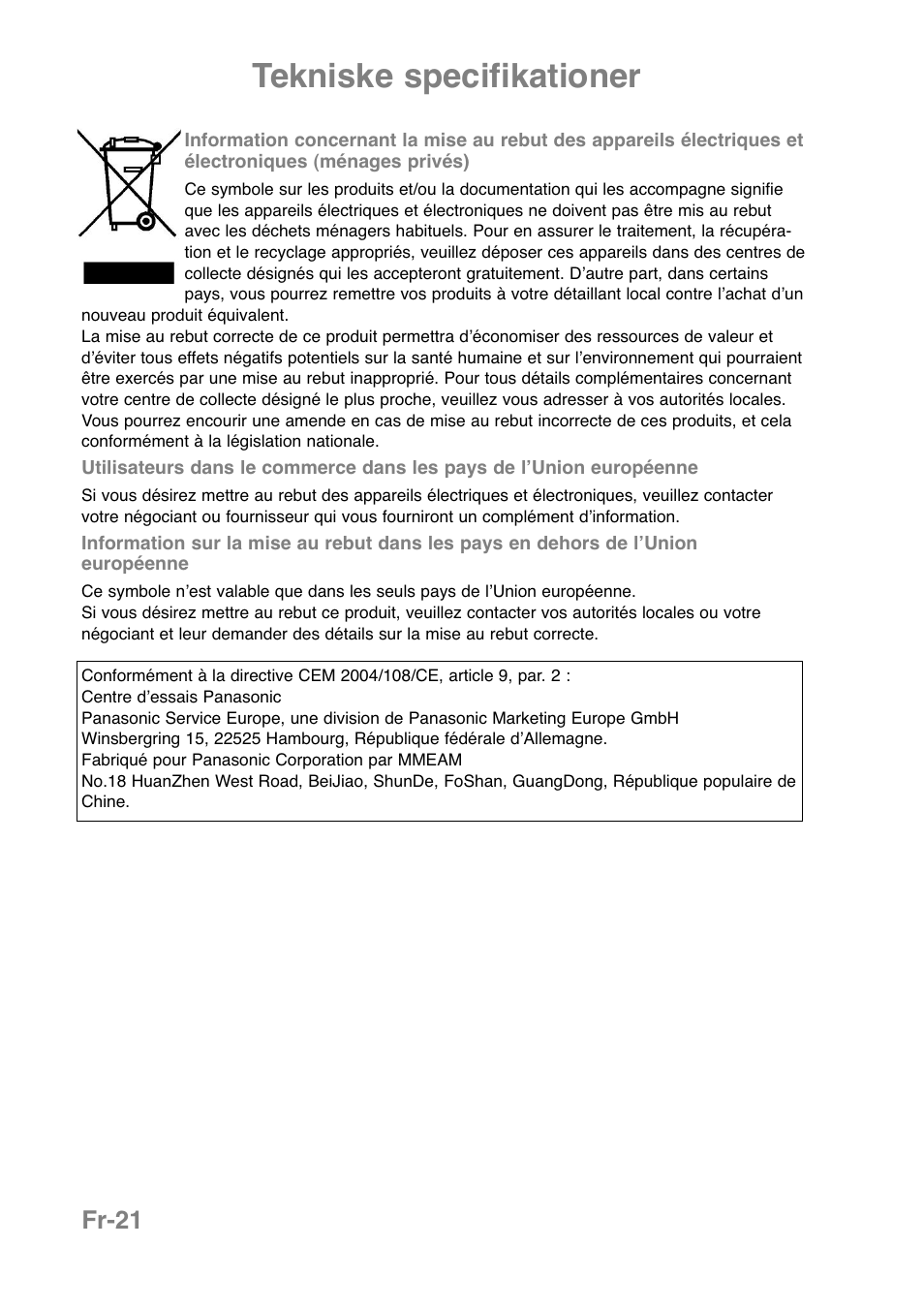 Tekniske specifikationer, Fr-21 | Panasonic NNJ169MMWPG User Manual | Page 93 / 374