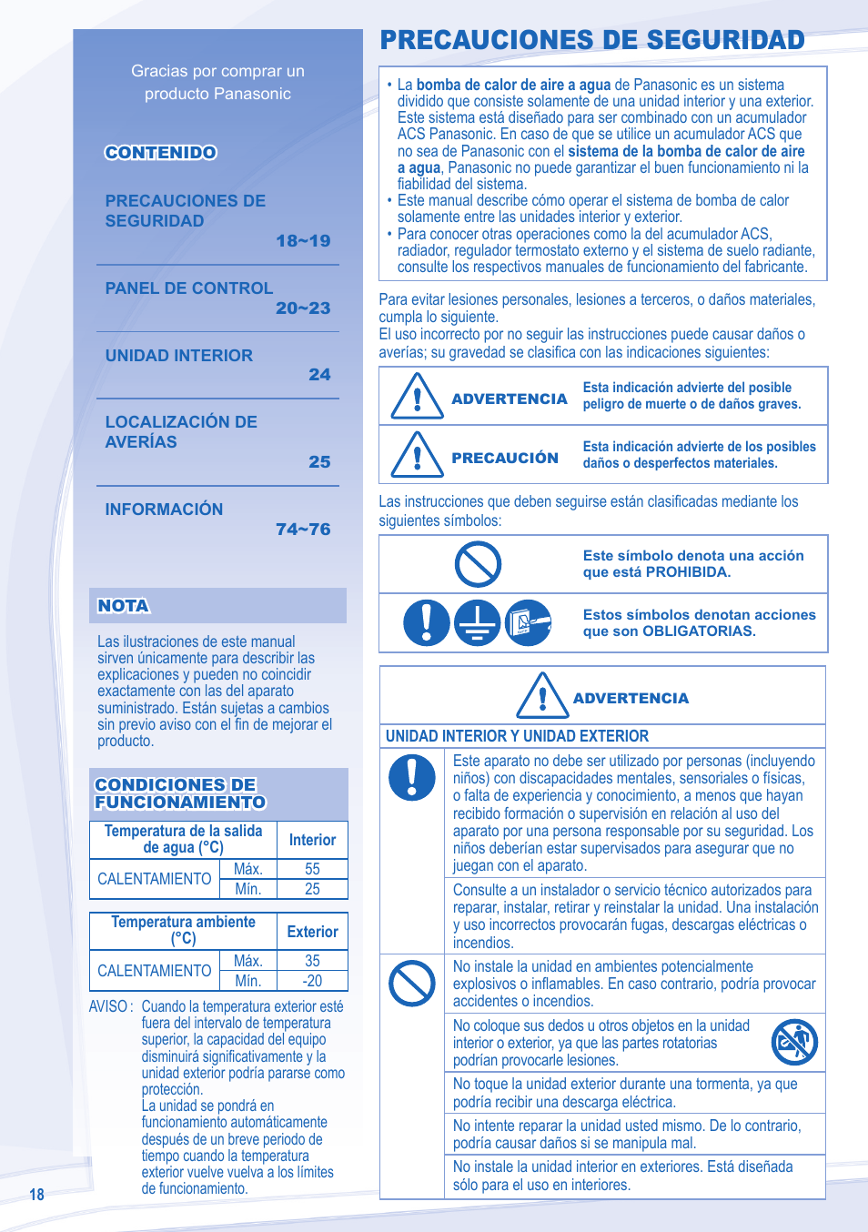 Precauciones de seguridad | Panasonic WHUD14CE8 User Manual | Page 18 / 76