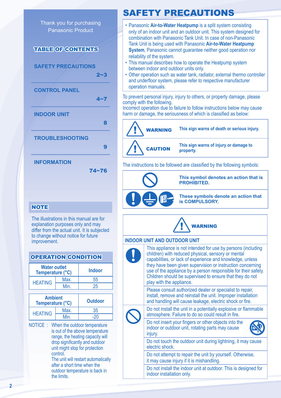 Safety precautions | Panasonic WHUD14CE8 User Manual | Page 2 / 76