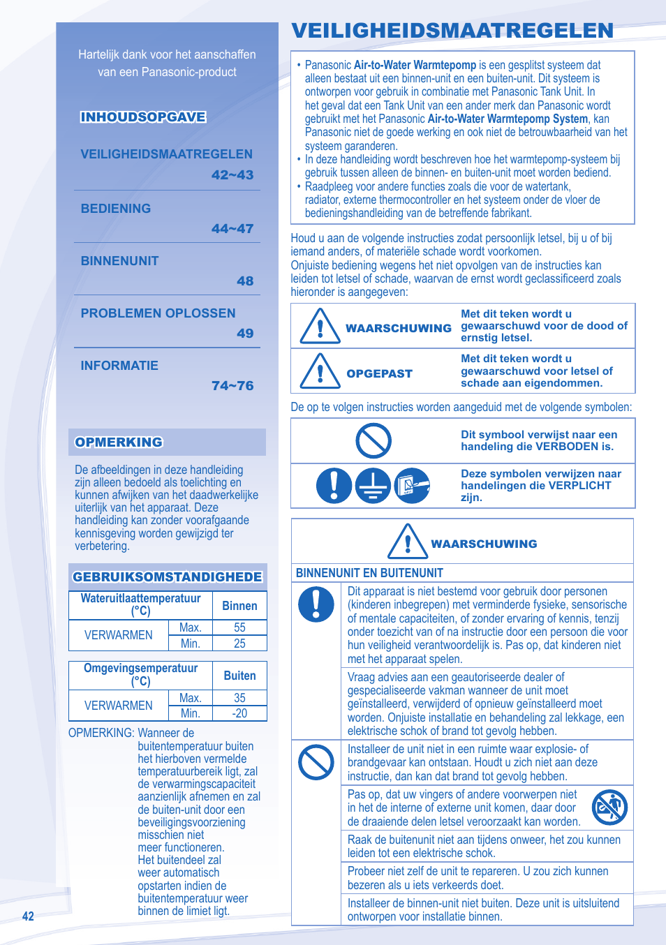 Veiligheidsmaatregelen | Panasonic WHUD14CE8 User Manual | Page 42 / 76