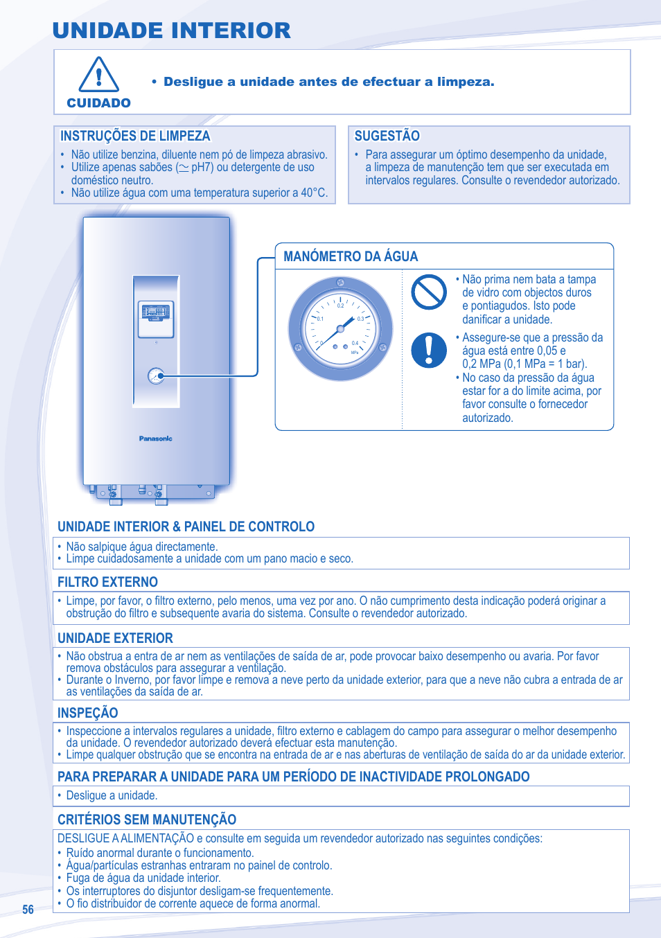 Unidade interior, Manómetro da água, Instruções de limpeza | Instruções de limpeza sugestão sugestão, Unidade interior & painel de controlo, Filtro externo, Unidade exterior, Inspeção, Critérios sem manutenção | Panasonic WHUD14CE8 User Manual | Page 56 / 76