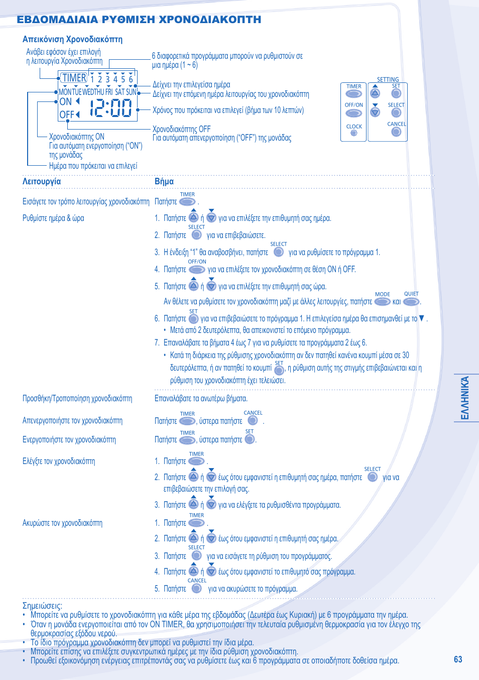Eλληνικά, Εβδομαδιαια ρυθμιση χρονοδιακοπτη | Panasonic WHUD14CE8 User Manual | Page 63 / 76