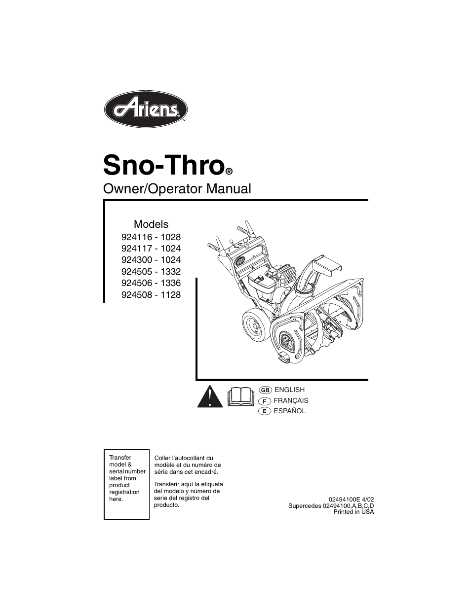 Ariens Sno-Thro 924117 - 1024 User Manual | 33 pages