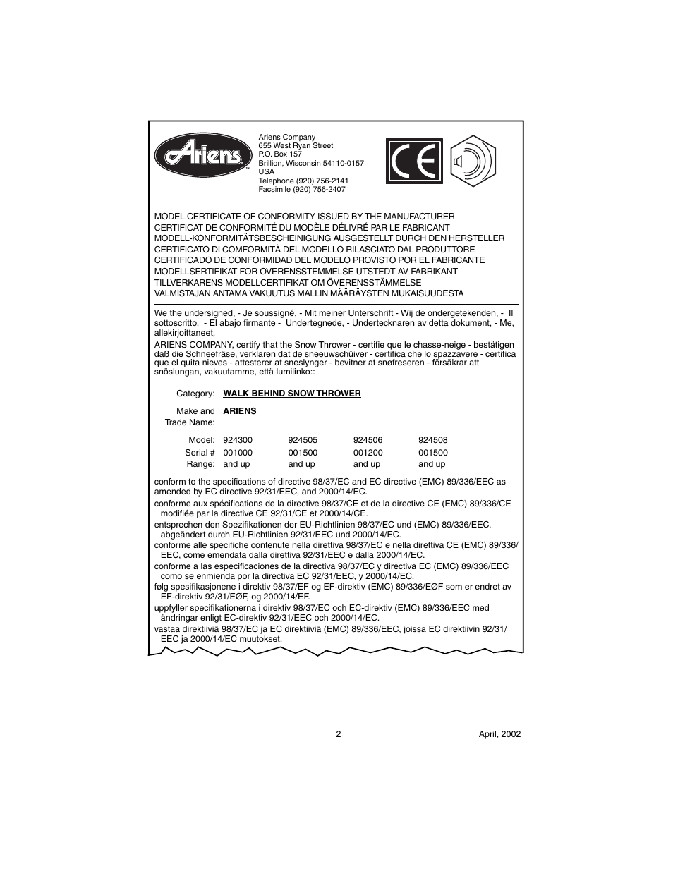 Ariens Sno-Thro 924117 - 1024 User Manual | Page 2 / 33