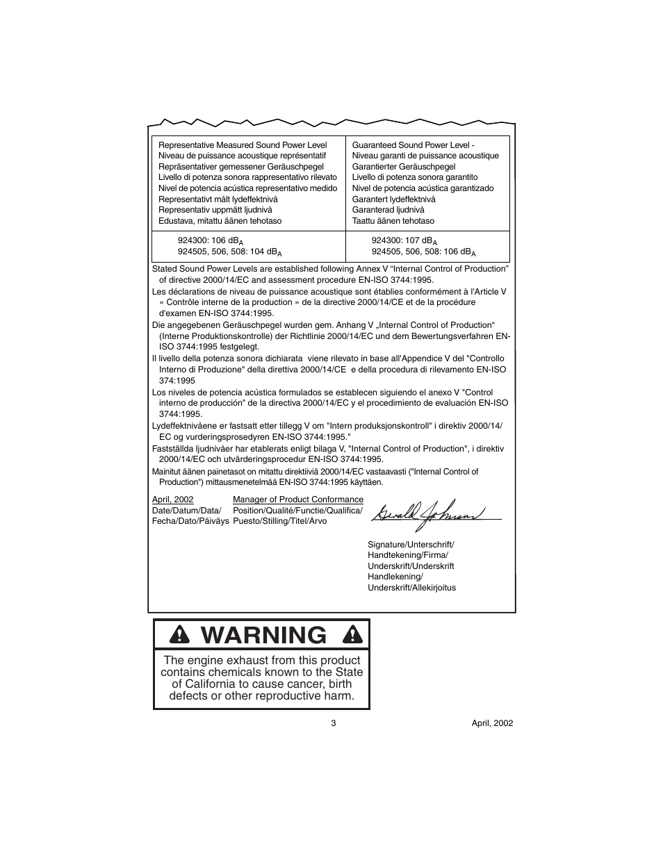 Warning | Ariens Sno-Thro 924117 - 1024 User Manual | Page 3 / 33