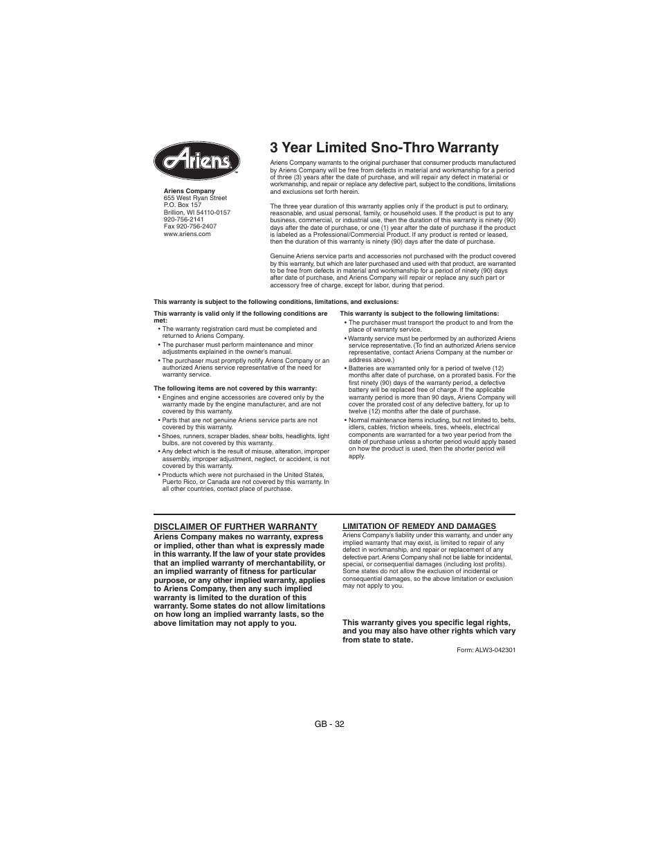 3 year limited sno-thro warranty | Ariens Sno-Thro 924117 - 1024 User Manual | Page 32 / 33