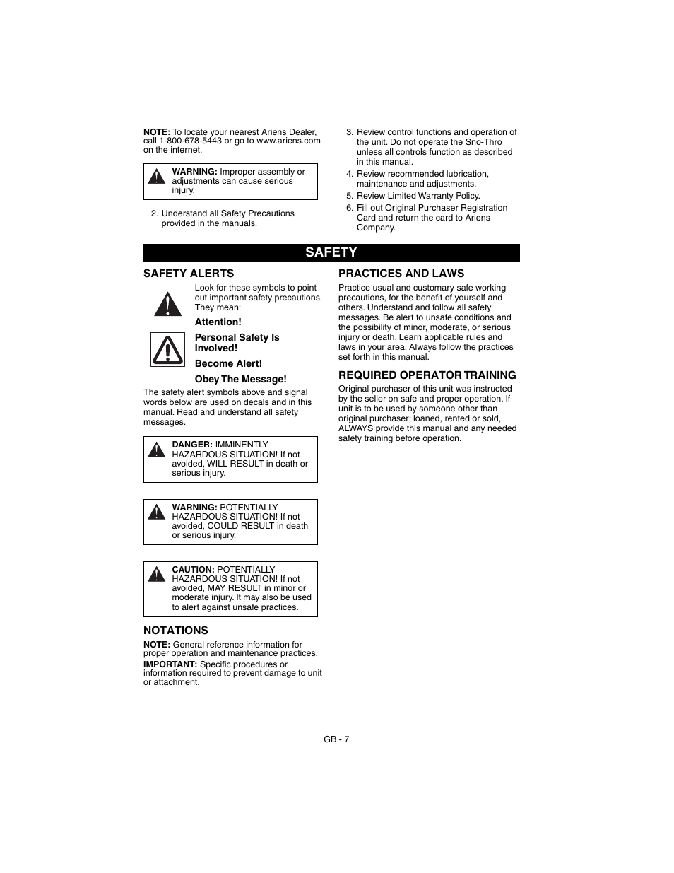 Safety | Ariens Sno-Thro 924117 - 1024 User Manual | Page 7 / 33