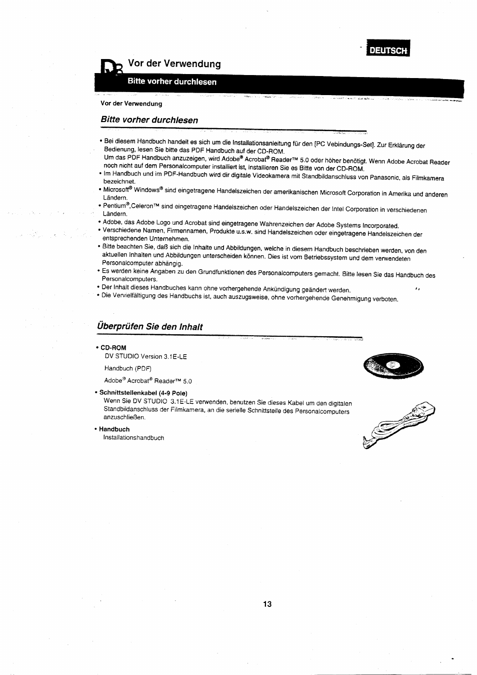 I:^ vor der verwendung, Bitte vorher durchlesen, Überprüfen sie den inhalt | Panasonic VWDTA29 User Manual | Page 12 / 31