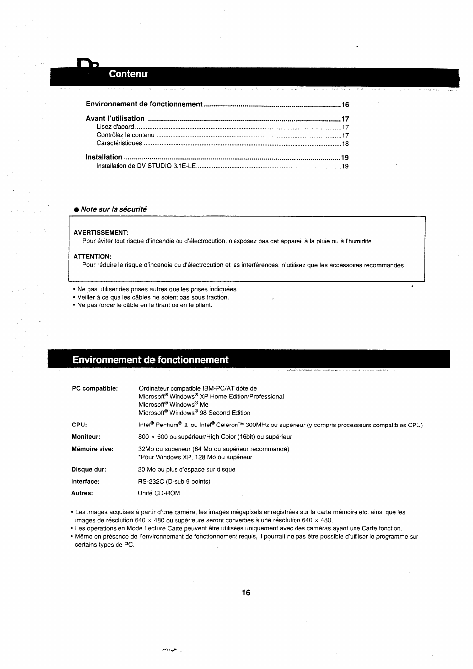 Contenu, Environnement de fonctionnement | Panasonic VWDTA29 User Manual | Page 15 / 31